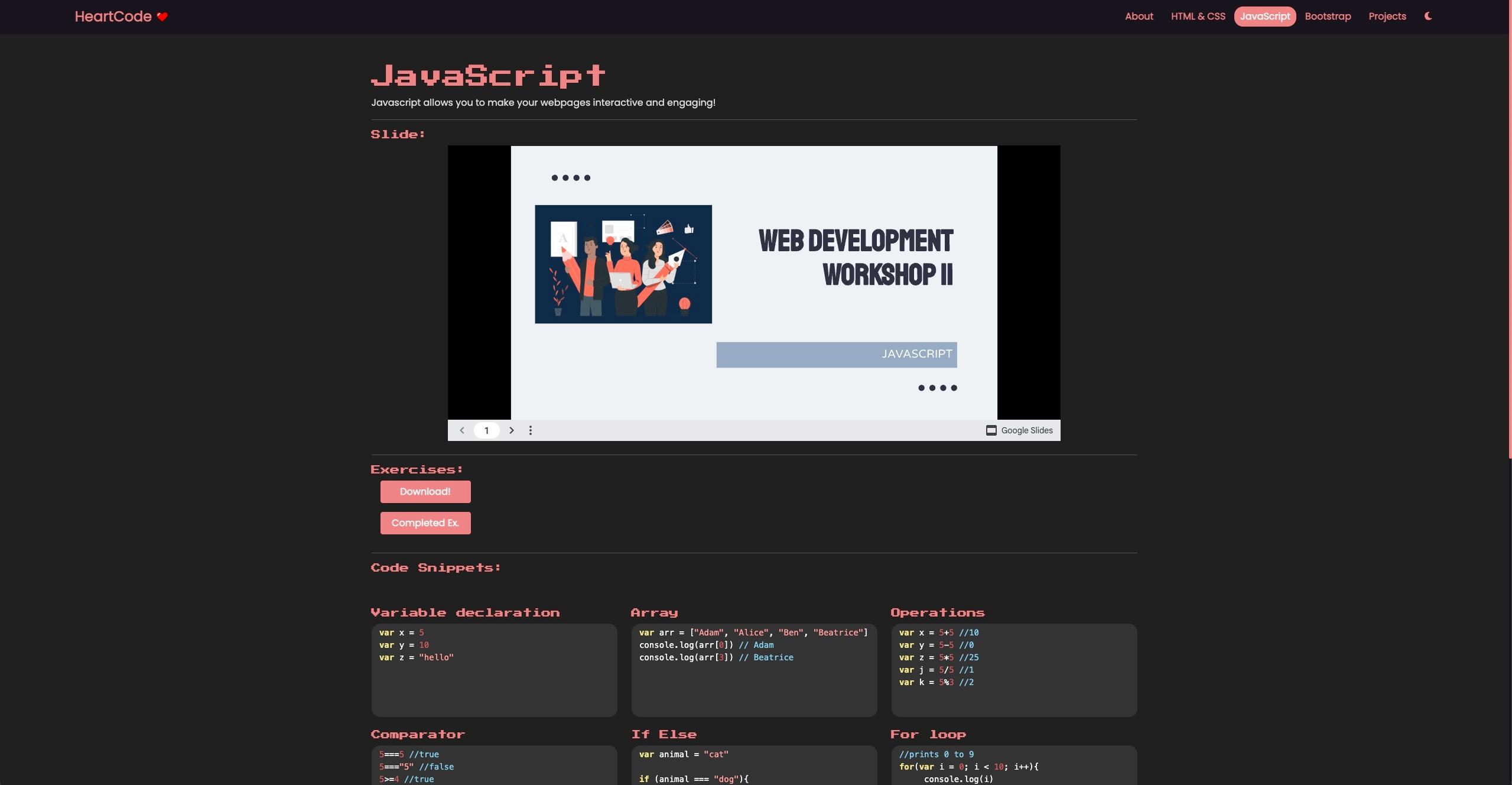 Javascript training page